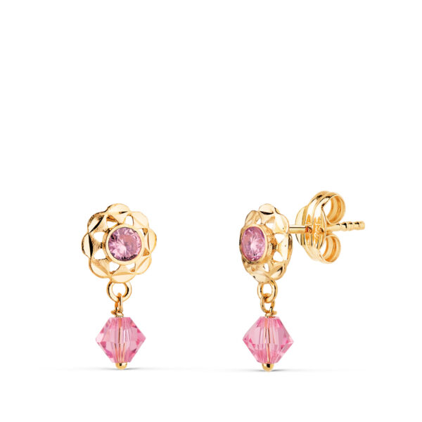 PENDIENTES ORO AMARILLO CUBANAS CON CIRCONITAS ROSAS. MEDIDA 14 X 6,5 MM CIERRE PRESION 21453-RS