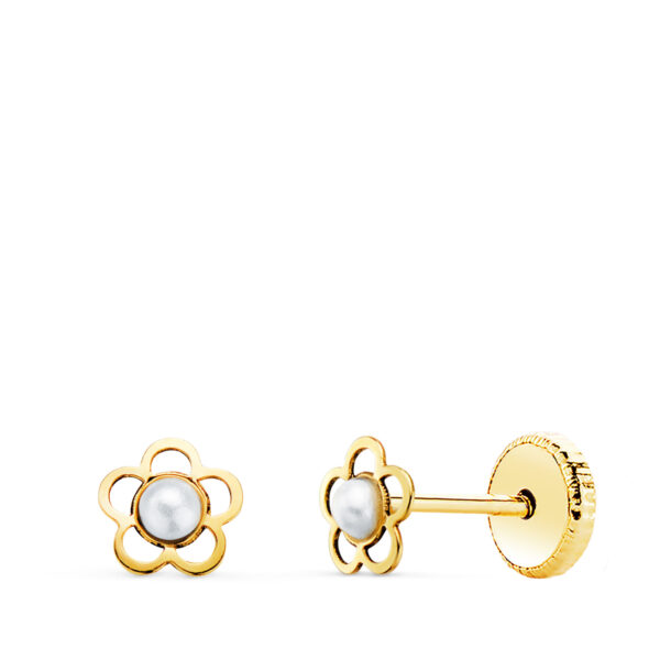 PENDIENTES ORO AMARILLO FLOR CALADA CON PERLA DE 2 MM. ANCHO 5X5 MM. CIERRE TUERCA 18512