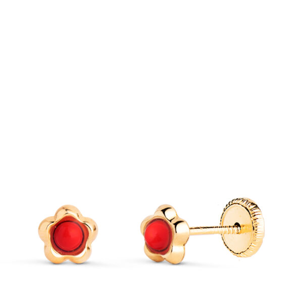 PENDIENTES ORO AMARILLO FLOR CON CORAL DE 2,4MM. MEDIDA 5,3 X 5MM. CIERRE TUERCA N3957-3ATC
