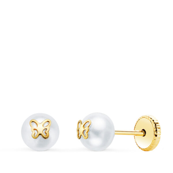 PENDIENTES ORO AMARILLO PERLAS CON MOTIVO MARIPOSA. ANCHO 5 MM. CIERRE TUERCA N3949-3AT