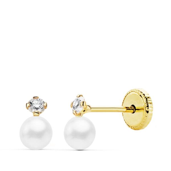 PENDIENTES ORO AMARILLO PERLAS Y CIRCONITA EN GARRAS 6 X 3.5 MM. CIERRE TUERCA N3965-4ATP