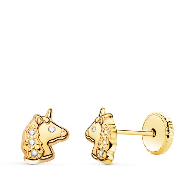 PENDIENTES ORO AMARILLO UNICORNIOS BRILLO CON CIRCONITA TUERCA 7,5 X 6MM 21276