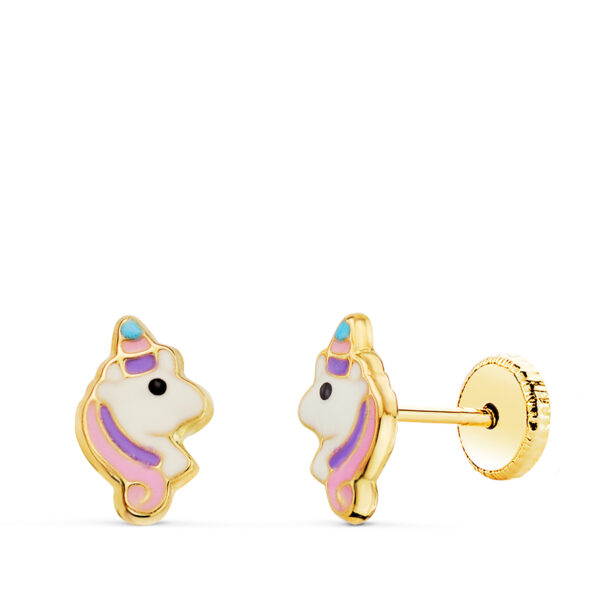 PENDIENTES ORO AMARILLO UNICORNIOS ESMALTADOS CIERRE TUERCA 8 X 5 MM 21353