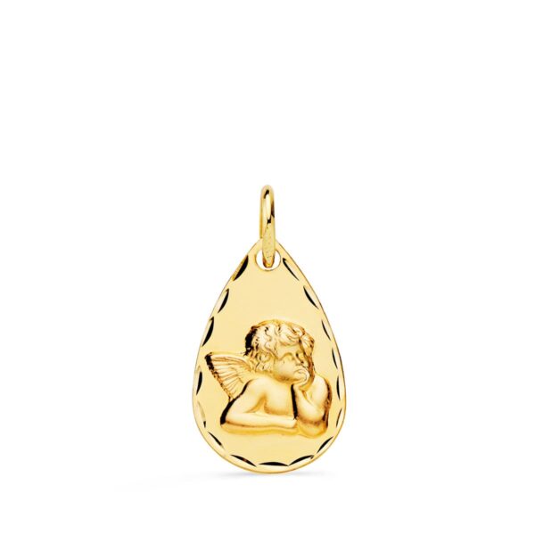 Medalla oro amarillo gota angelito burlón tallada 19x11mm