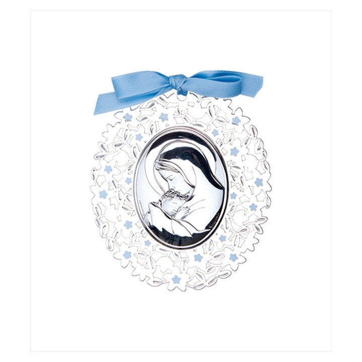 Medallón bebé calado oval virgen con niño azul