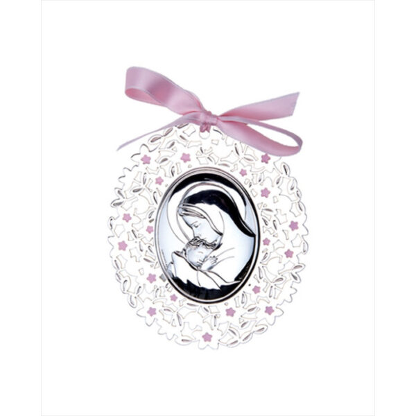 Medallón bebé calado oval virgen con niño rosa