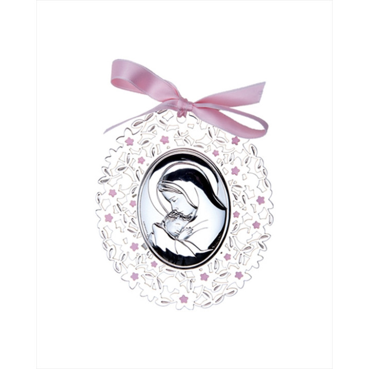 Medallón bebé calado oval virgen con niño rosa
