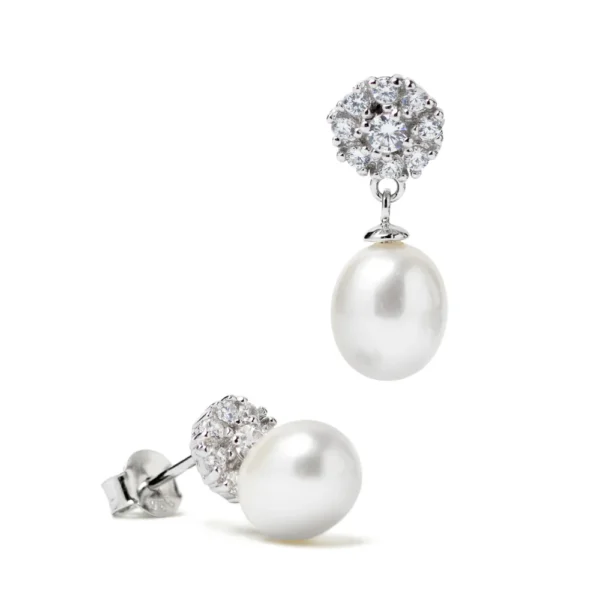 PENDIENTES DE PLATA CON PERLA BLANCA Y CIRCONITAS