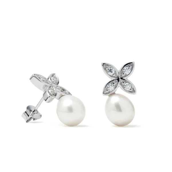 PENDIENTES DE PLATA CON PERLA BLANCA Y FLOR DE CIRCONITAS