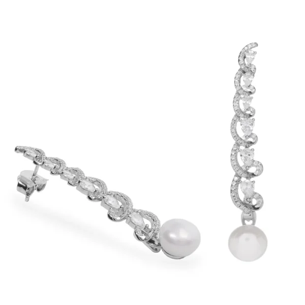 PENDIENTES LARGOS DE PLATA DE LEY CON PERLA Y CIRCONITAS BLANCAS