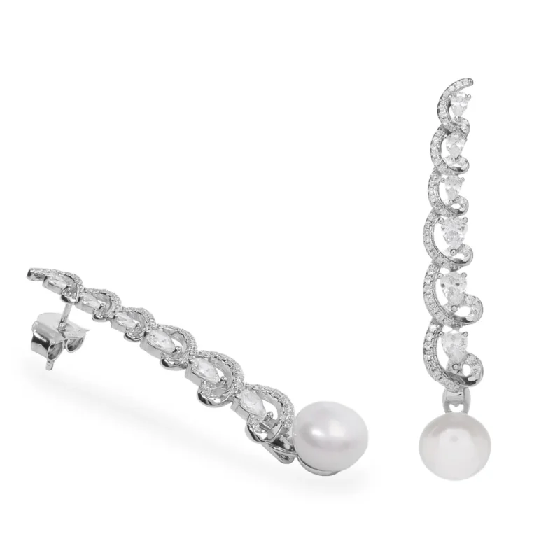 PENDIENTES LARGOS DE PLATA DE LEY CON PERLA Y CIRCONITAS BLANCAS
