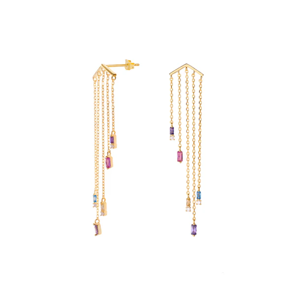 PENDIENTES LARGOS DE PLATA DISEÑO CINCO CADENAS CON GEMAS TONO ROSADO