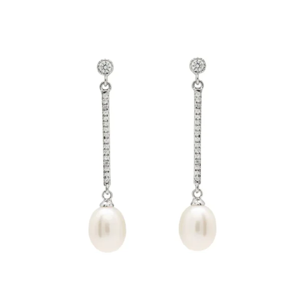 PENDIENTES LARGOS DE PLATA, PERLAS DE AGUA DULCE CON MOVIMIENTO Y DETALLE DE CIRCONITAS