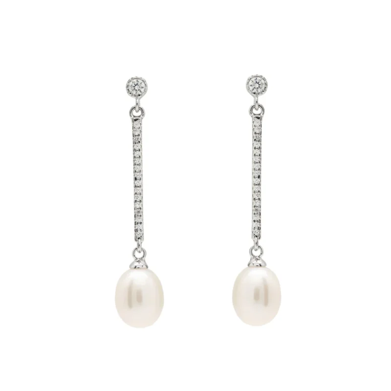 PENDIENTES LARGOS DE PLATA, PERLAS DE AGUA DULCE CON MOVIMIENTO Y DETALLE DE CIRCONITAS