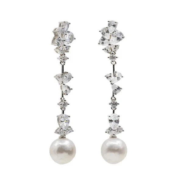 PENDIENTES NOVIA LARGOS CON CIRCONITAS Y ACABADA CON UNA PERLA EN MOTIVOS FLORALES