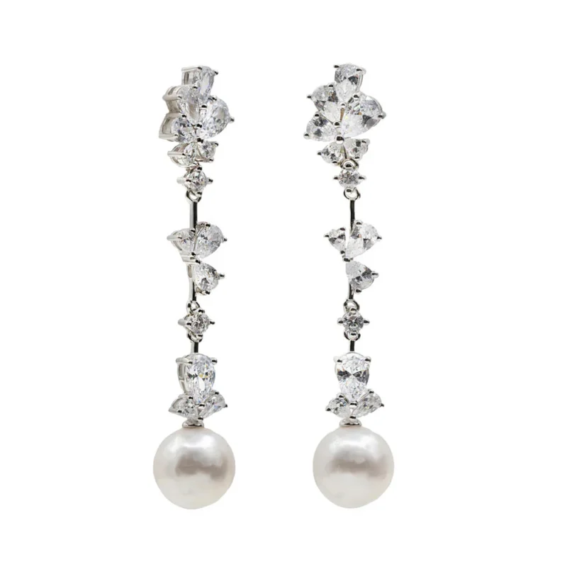PENDIENTES NOVIA LARGOS CON CIRCONITAS Y ACABADA CON UNA PERLA EN MOTIVOS FLORALES