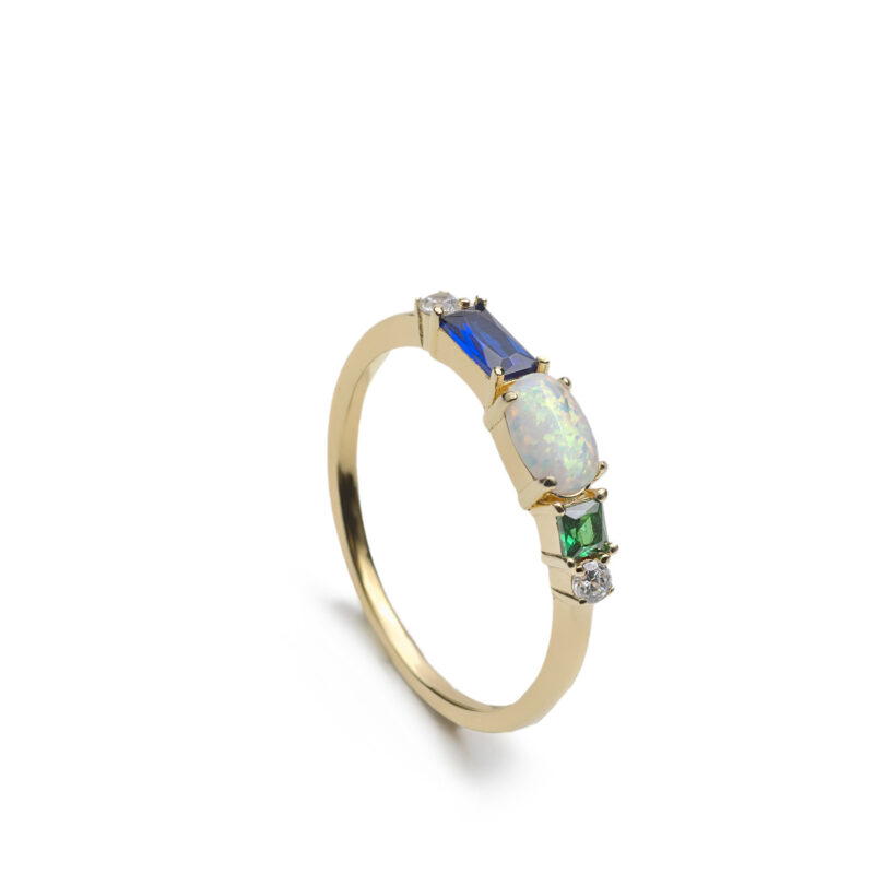 ANILLO DE PLATA DE LEY DORADA CON ÓPALO, PIEDRA AZUL Y VERDE