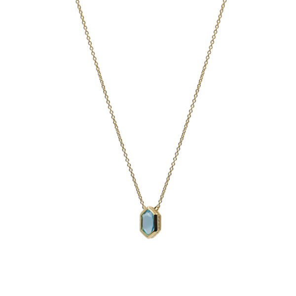 COLLAR CON PIEDRA HEXAGONAL BAÑO DORADO TONO AGUAMARINA