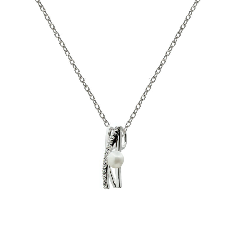 COLLAR DE PLATA CRUZADO CON CIRCONITA Y PERLA