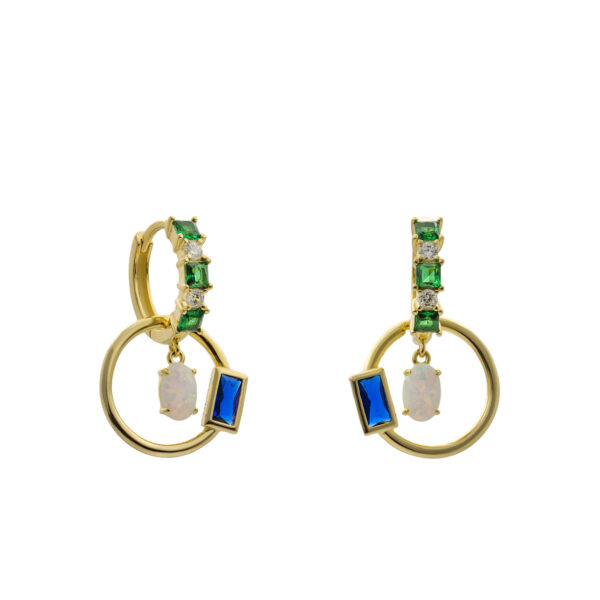 PENDIENTES ARO DE PLATA DE LEY DORADA CON PIEDRAS VERDES, AZUL Y ÓPALO