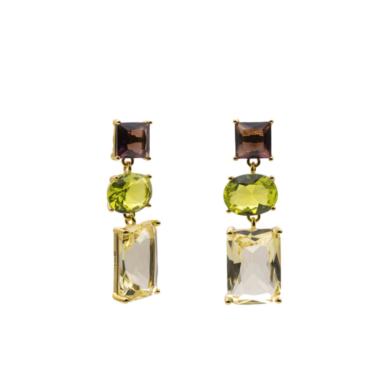 PENDIENTES DE PLATA CON ACABADO DORADO Y PIEDRAS EN TONOS OLIVA, HUMO Y CHAMPÁN 20573-G-A