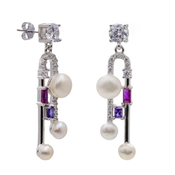 PENDIENTES LARGOS DE PLATA CON PERLAS Y PIEDRAS FUCSIA Y LILA 20616-A