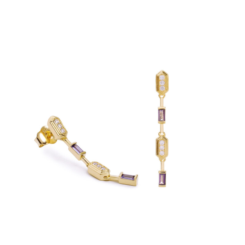 PENDIENTES LARGOS DORADOS DE PLATA ART DÉCO CON CIRCONITAS BLANCAS Y LILA 20472-A