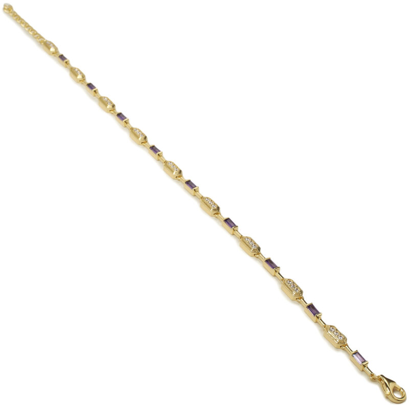 PULSERA DORADA DE PLATA ART DÉCO DE ESLABONES CON CIRCONITAS BLANCAS Y LILA BAGUETTE 20472-P