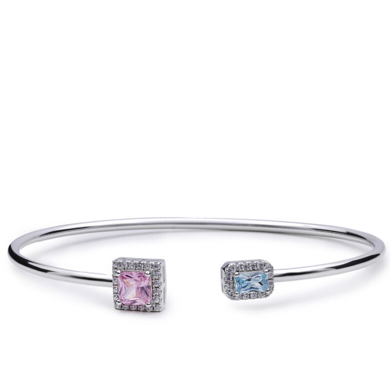 PULSERA RÍGIDA ABIERTA DE PLATA CON CIRCONITAS ROSA Y AZUL 20486-E