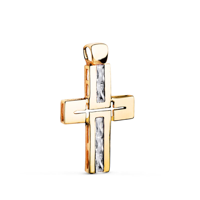 Cruz de oro amarillo piedras baguette circonitas blancas