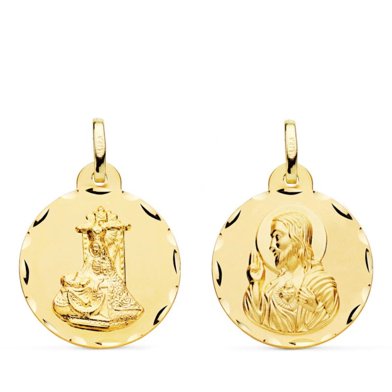 Medalla de oro amarillo escapulario oro amarillo Virgen de las Angustias y corazón de Jesús tallada