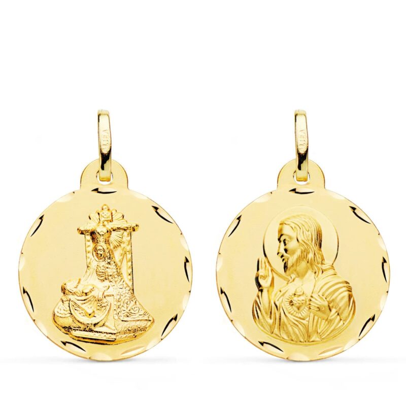 Medalla de oro amarillo escapulario oro amarillo Virgen de las Angustias y corazón de Jesús tallada