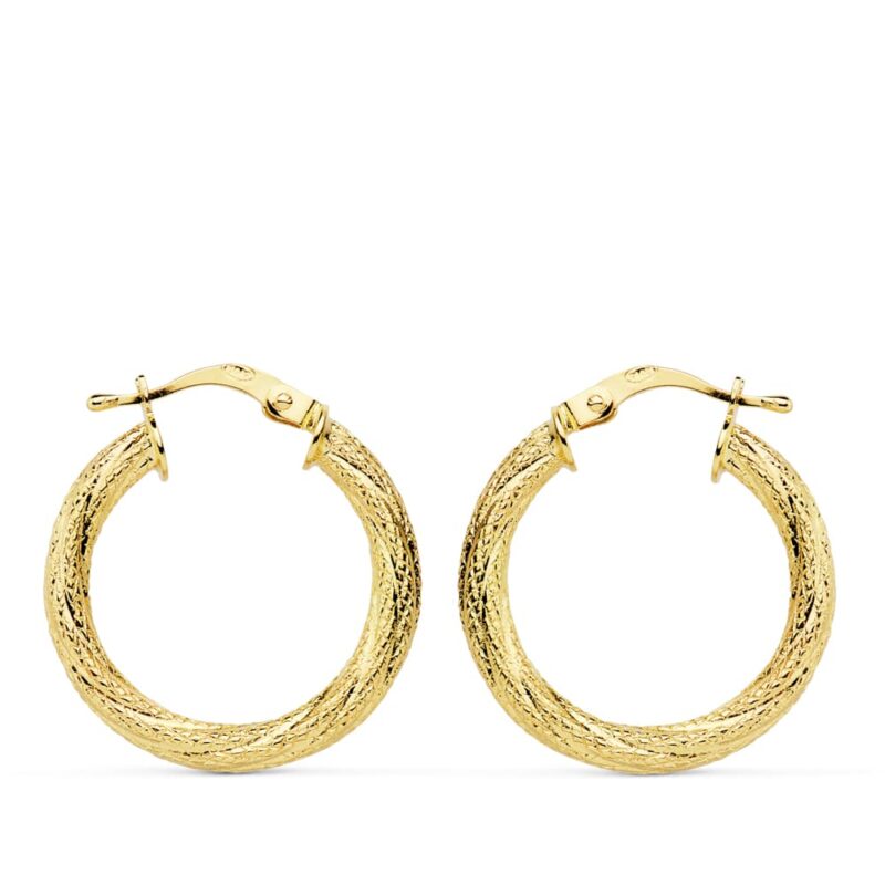 Pendientes de aro de oro amarillo huecos granillados