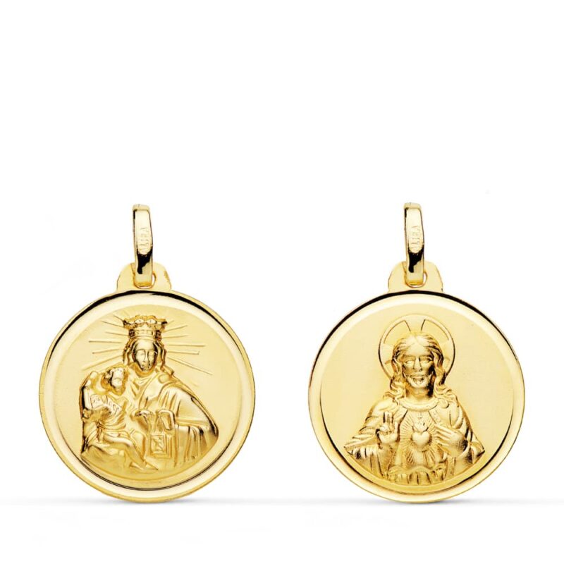 Escapulario de oro amarillo Virgen del Carmen corazón del Jesús bisel