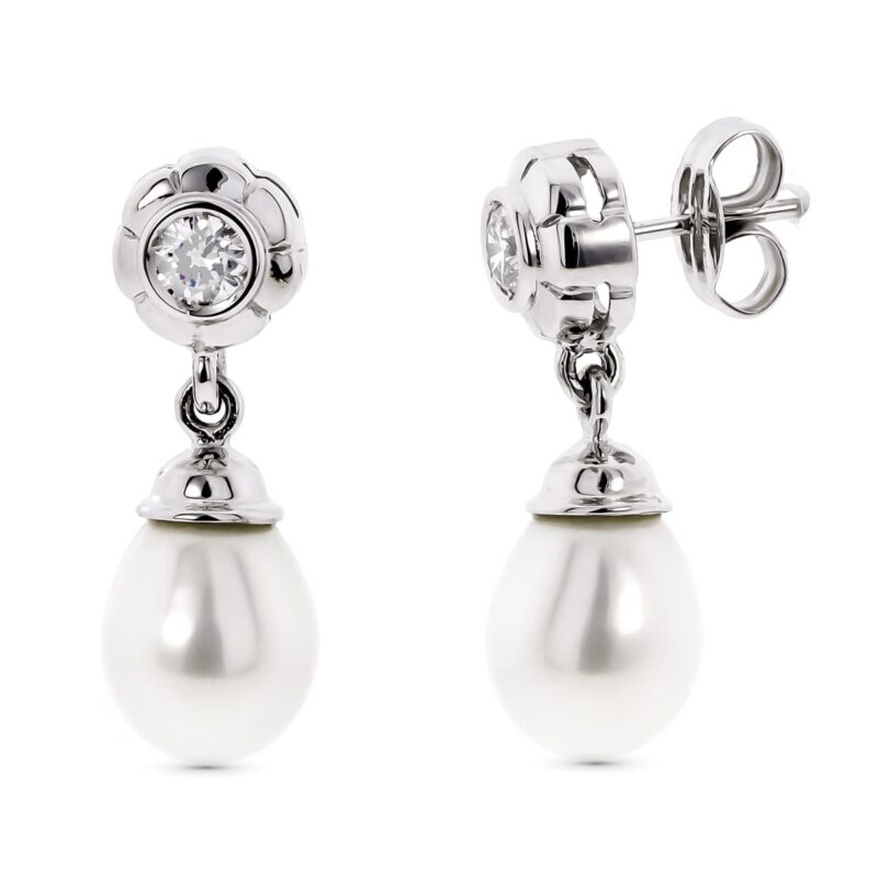 Pendientes de oro blanco perla con circonita