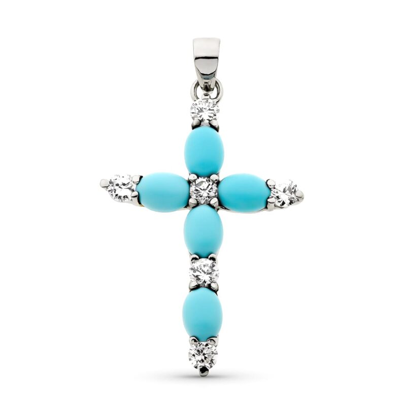 Cruz de oro blanco turquesa y circonita