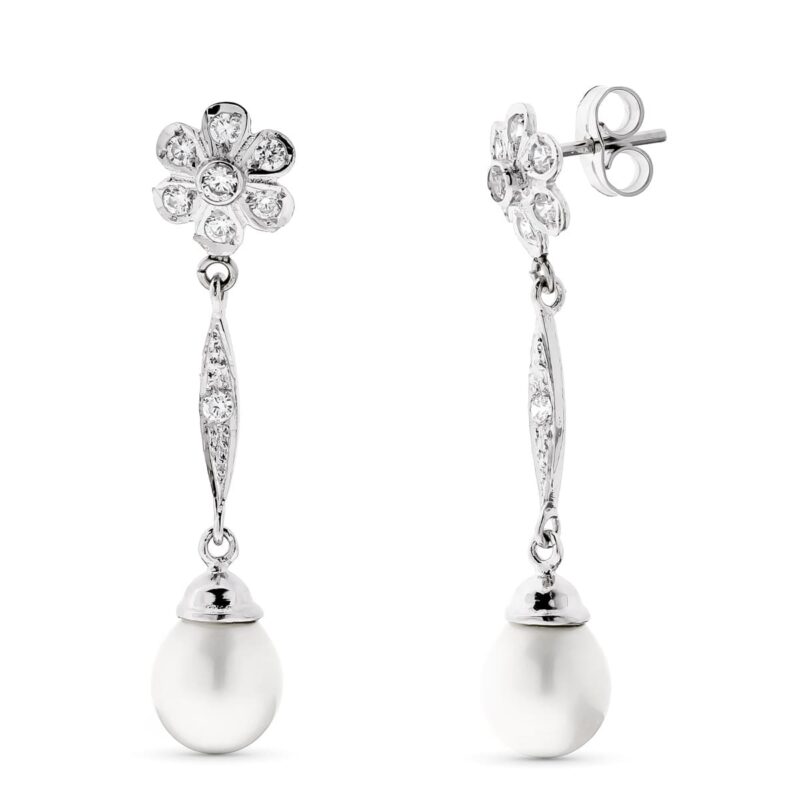 Pendientes perla y flor oro blanco