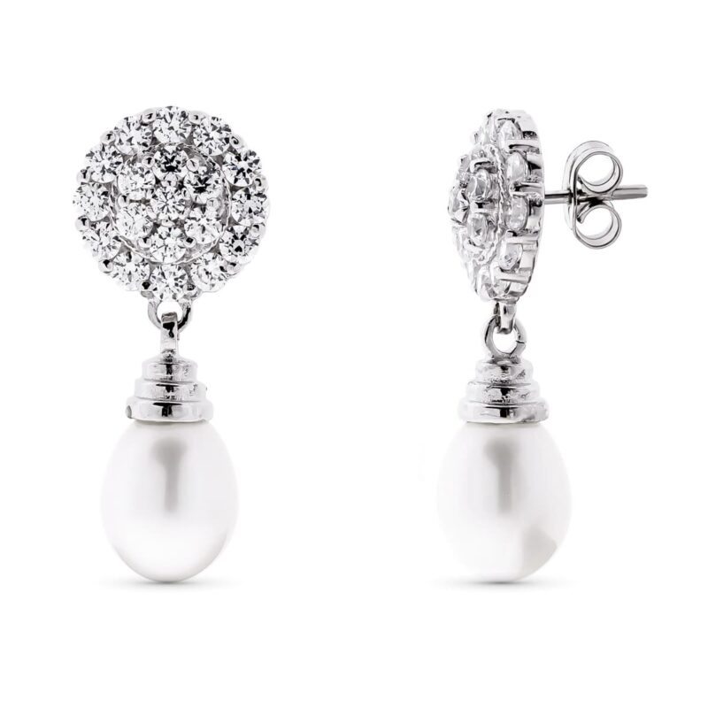 Pendientes de oro blanco con rosetón de circonitas y perla