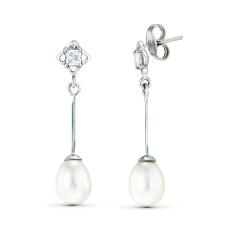 Pendientes de oro blanco dos cuerpos con perlas y circonita