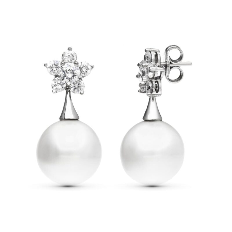 Pendientes de oro blanco flor circonita perla