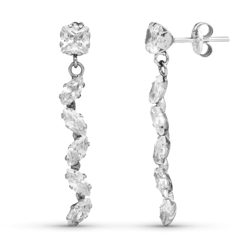 Pendientes de oro blanco largos con motivos florales de circonitas