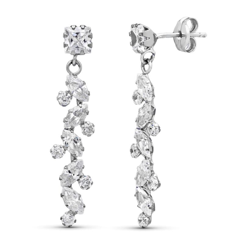 Pendientes de oro blanco largos con flores de circonitas