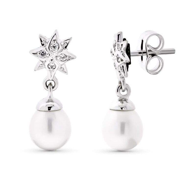 Pendientes de oro blanco con estrella de circonitas y perla
