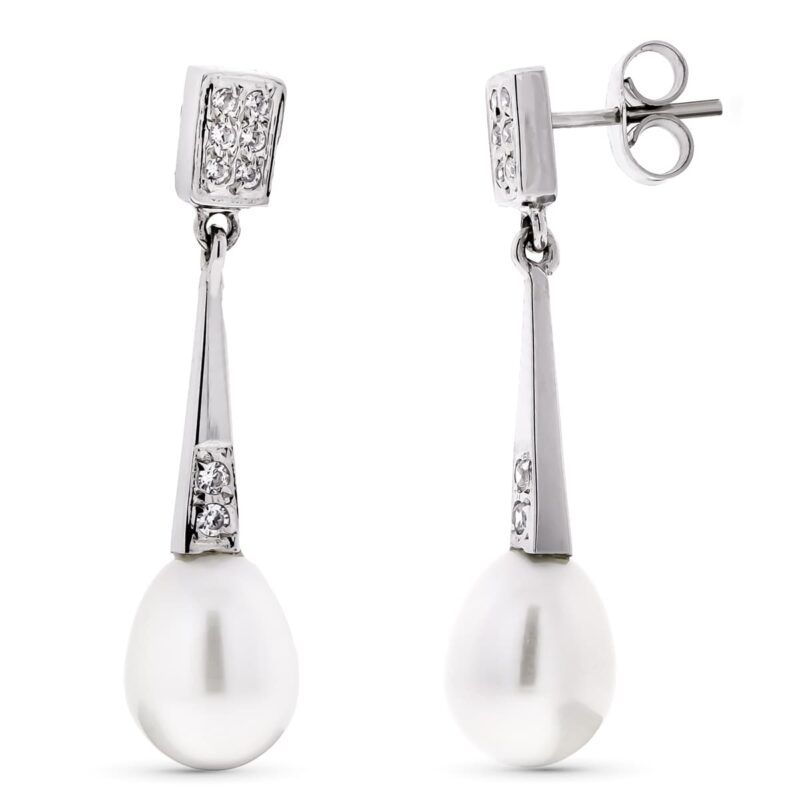 Pendientes de oro blanco largos perla y circonita