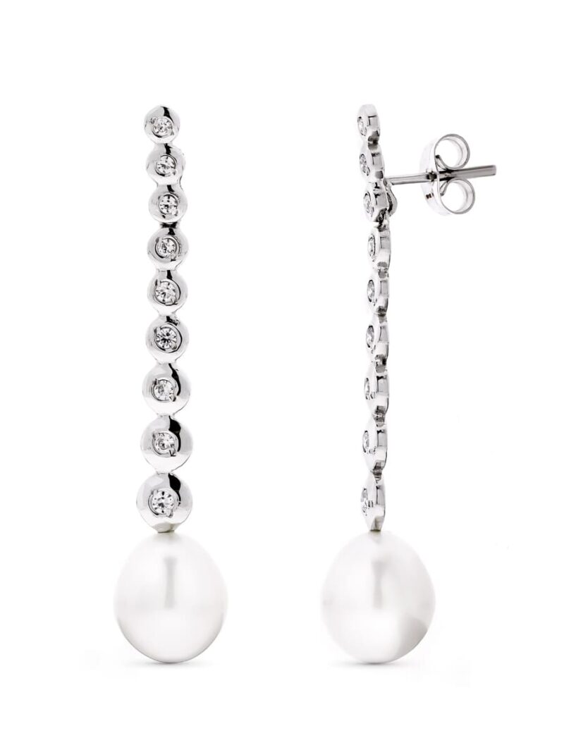 Pendientes de oro blanco largos perla pera y circonita
