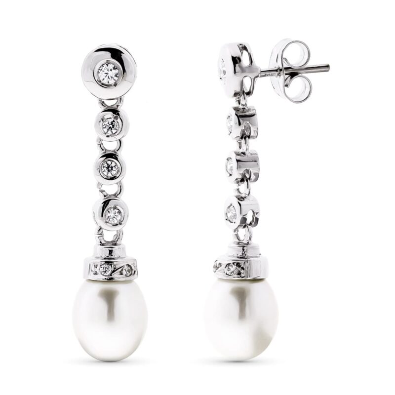 Pendientes de oro blanco con perla y línea de circonitas