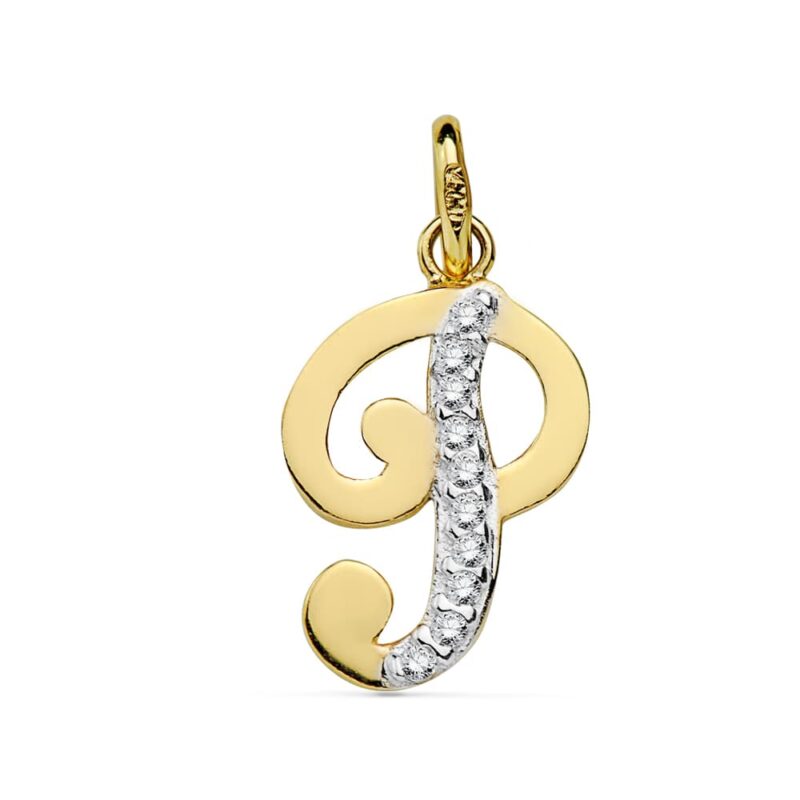 Colgante de oro bicolor inicial P con circonitas
