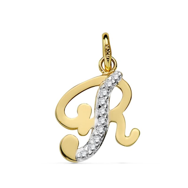 Colgante de oro bicolor inicial R con circonitas