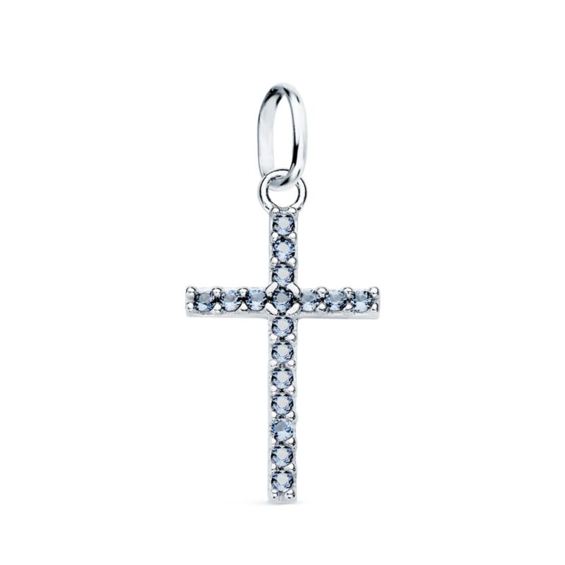 Cruz de oro blanco con circonita azules
