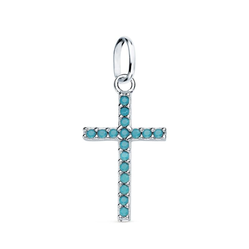 Cruz de oro blanco con piedras turquesas